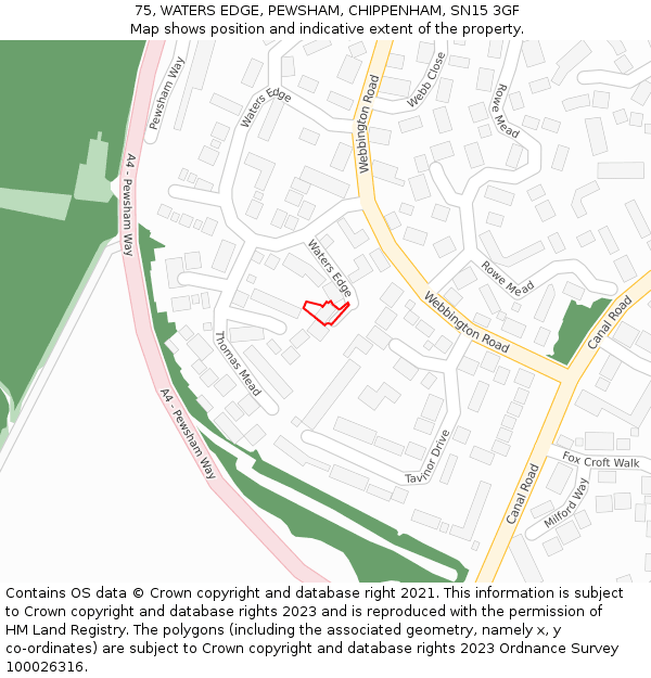 75, WATERS EDGE, PEWSHAM, CHIPPENHAM, SN15 3GF: Location map and indicative extent of plot