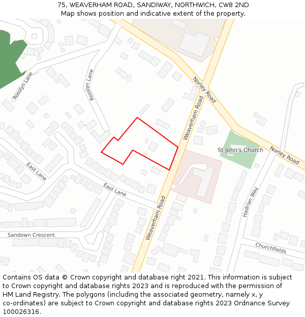 75, WEAVERHAM ROAD, SANDIWAY, NORTHWICH, CW8 2ND: Location map and indicative extent of plot
