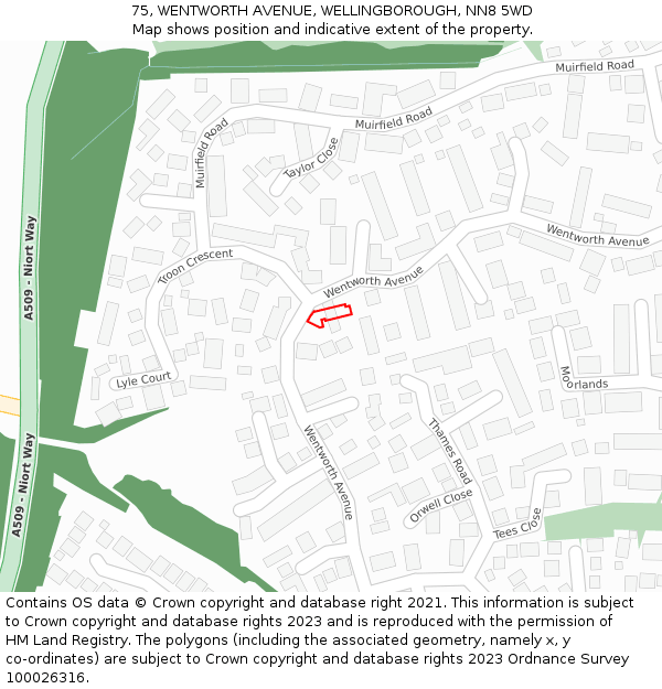 75, WENTWORTH AVENUE, WELLINGBOROUGH, NN8 5WD: Location map and indicative extent of plot