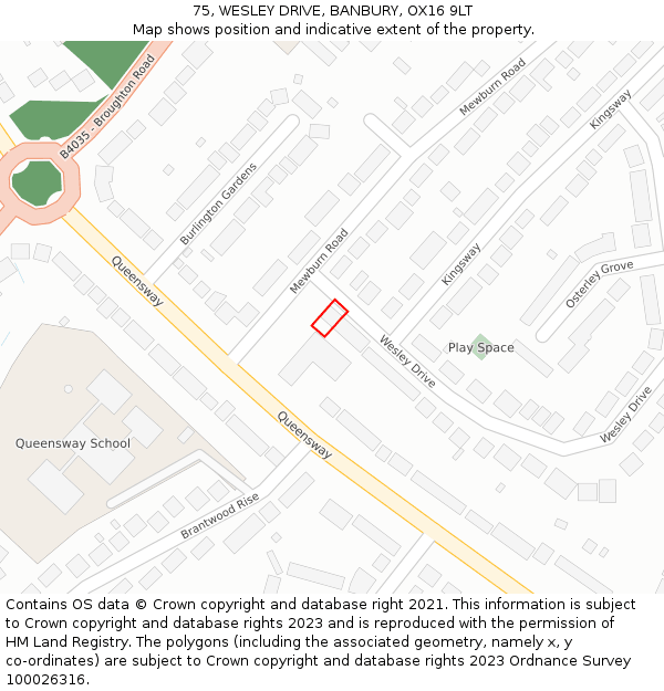 75, WESLEY DRIVE, BANBURY, OX16 9LT: Location map and indicative extent of plot