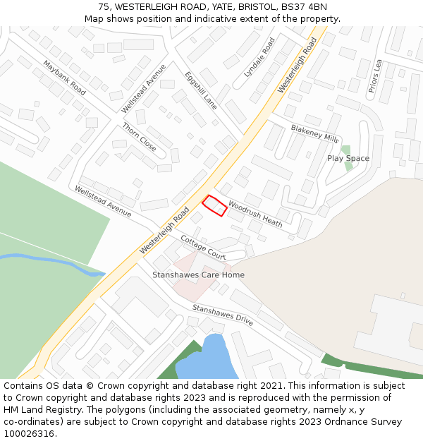 75, WESTERLEIGH ROAD, YATE, BRISTOL, BS37 4BN: Location map and indicative extent of plot