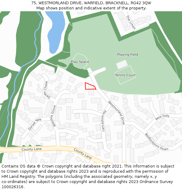 75, WESTMORLAND DRIVE, WARFIELD, BRACKNELL, RG42 3QW: Location map and indicative extent of plot