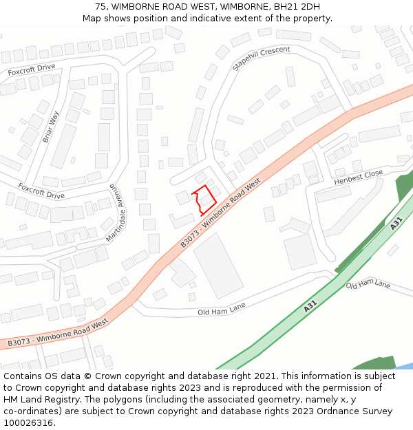 75, WIMBORNE ROAD WEST, WIMBORNE, BH21 2DH: Location map and indicative extent of plot