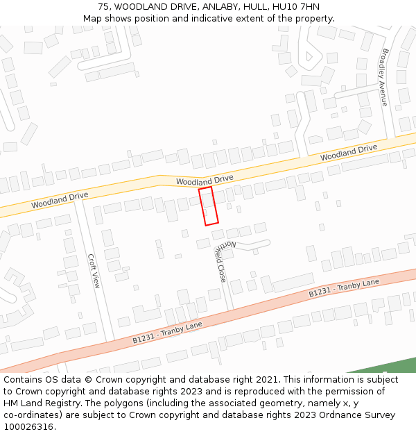 75, WOODLAND DRIVE, ANLABY, HULL, HU10 7HN: Location map and indicative extent of plot