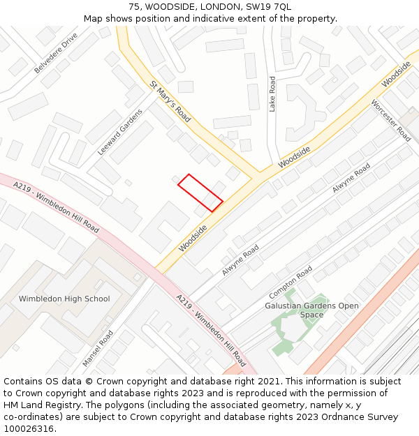 75, WOODSIDE, LONDON, SW19 7QL: Location map and indicative extent of plot