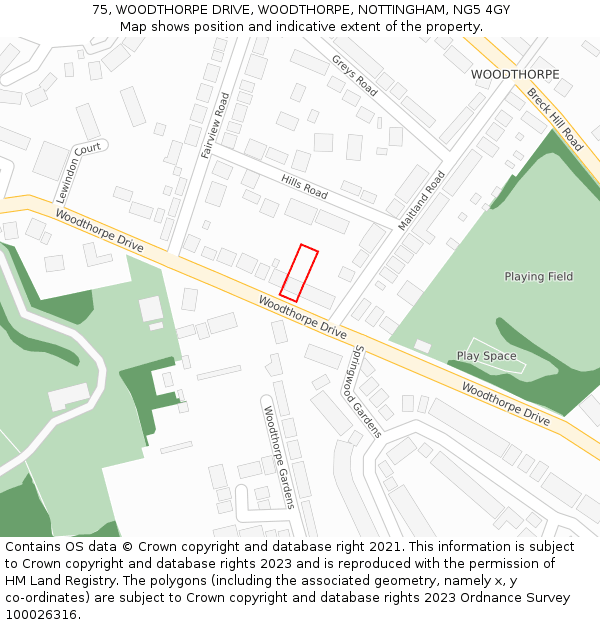 75, WOODTHORPE DRIVE, WOODTHORPE, NOTTINGHAM, NG5 4GY: Location map and indicative extent of plot