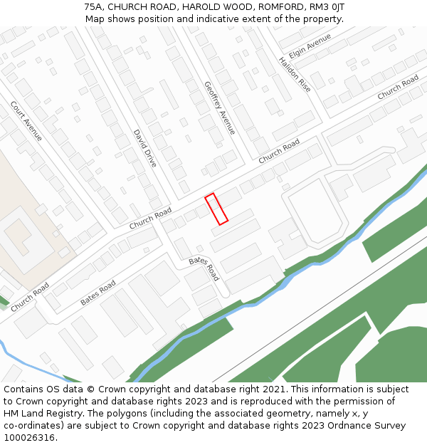 75A, CHURCH ROAD, HAROLD WOOD, ROMFORD, RM3 0JT: Location map and indicative extent of plot