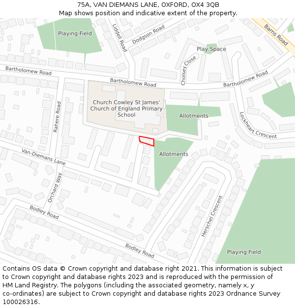 75A, VAN DIEMANS LANE, OXFORD, OX4 3QB: Location map and indicative extent of plot