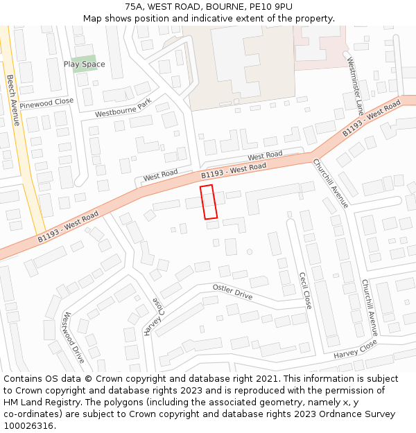 75A, WEST ROAD, BOURNE, PE10 9PU: Location map and indicative extent of plot