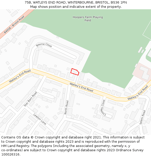 75B, WATLEYS END ROAD, WINTERBOURNE, BRISTOL, BS36 1PN: Location map and indicative extent of plot