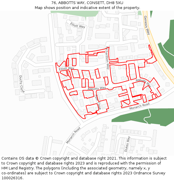 76, ABBOTTS WAY, CONSETT, DH8 5XU: Location map and indicative extent of plot