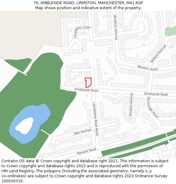 76, AMBLESIDE ROAD, URMSTON, MANCHESTER, M41 6QP: Location map and indicative extent of plot