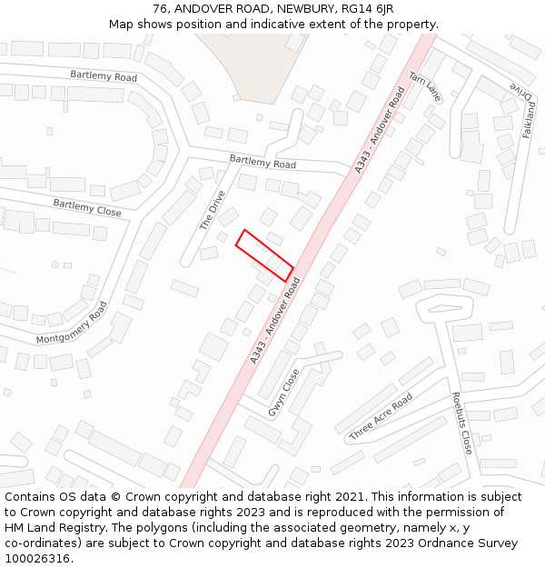 76, ANDOVER ROAD, NEWBURY, RG14 6JR: Location map and indicative extent of plot