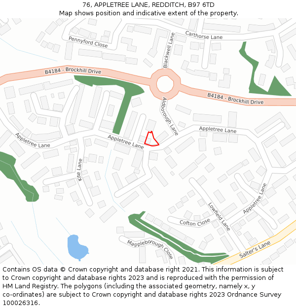 76, APPLETREE LANE, REDDITCH, B97 6TD: Location map and indicative extent of plot