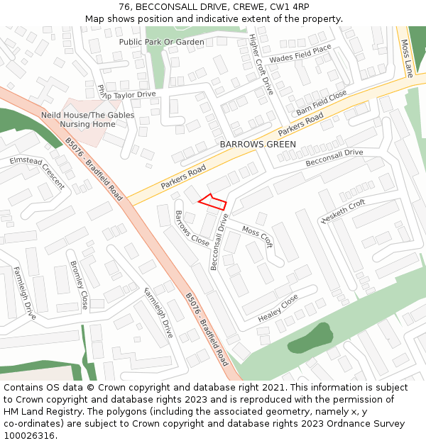 76, BECCONSALL DRIVE, CREWE, CW1 4RP: Location map and indicative extent of plot