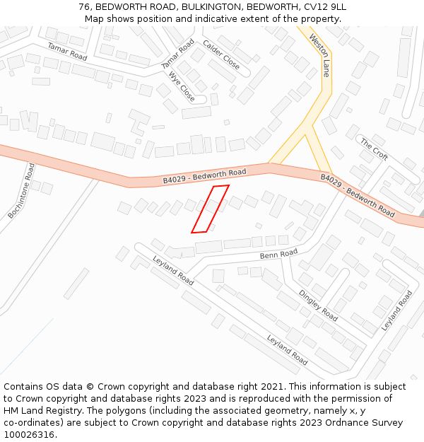 76, BEDWORTH ROAD, BULKINGTON, BEDWORTH, CV12 9LL: Location map and indicative extent of plot