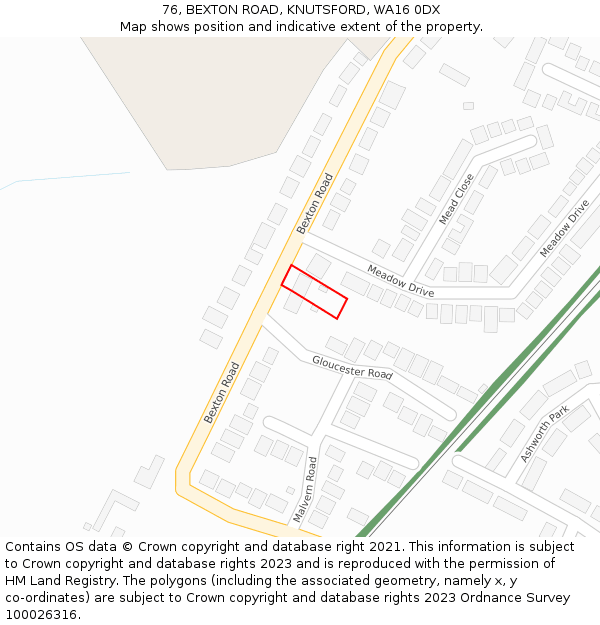 76, BEXTON ROAD, KNUTSFORD, WA16 0DX: Location map and indicative extent of plot