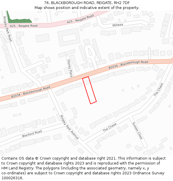 76, BLACKBOROUGH ROAD, REIGATE, RH2 7DF: Location map and indicative extent of plot