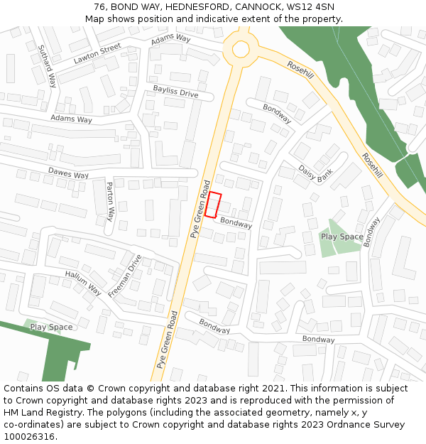 76, BOND WAY, HEDNESFORD, CANNOCK, WS12 4SN: Location map and indicative extent of plot