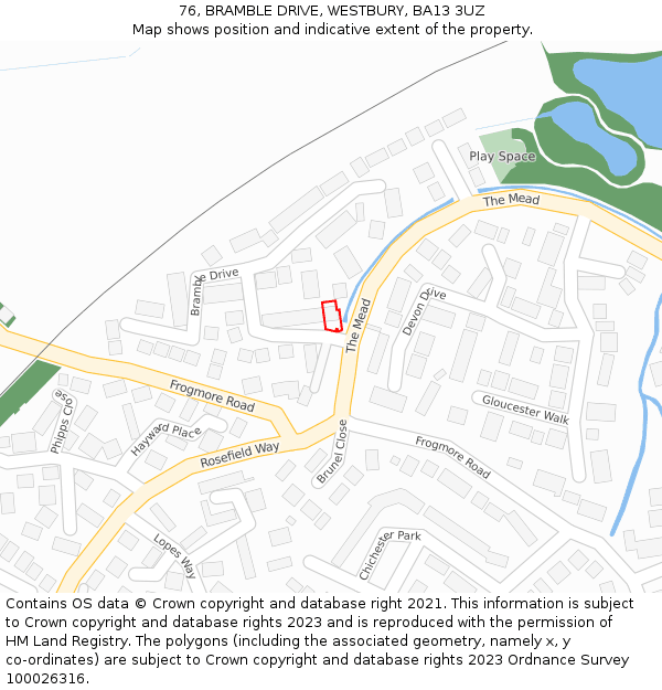 76, BRAMBLE DRIVE, WESTBURY, BA13 3UZ: Location map and indicative extent of plot