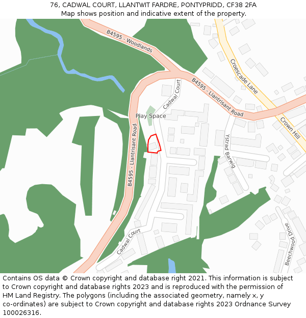 76, CADWAL COURT, LLANTWIT FARDRE, PONTYPRIDD, CF38 2FA: Location map and indicative extent of plot