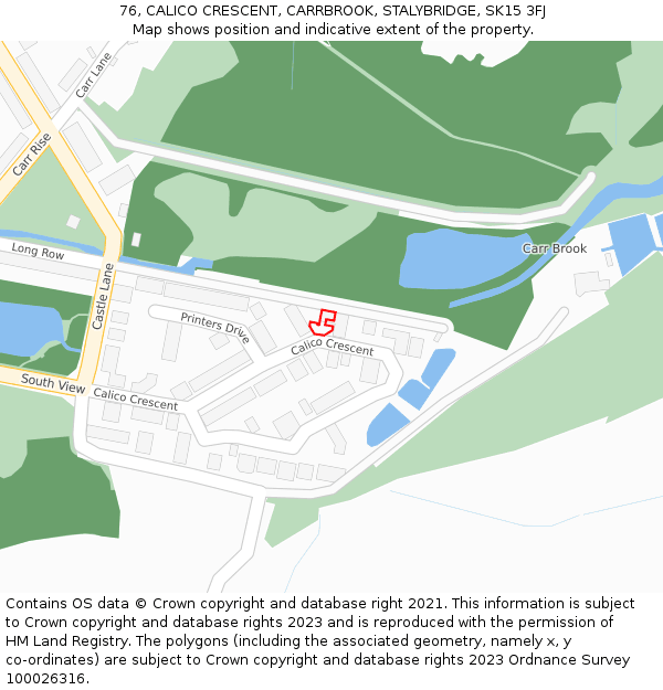 76, CALICO CRESCENT, CARRBROOK, STALYBRIDGE, SK15 3FJ: Location map and indicative extent of plot