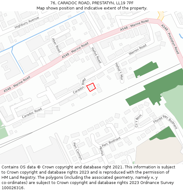 76, CARADOC ROAD, PRESTATYN, LL19 7PF: Location map and indicative extent of plot