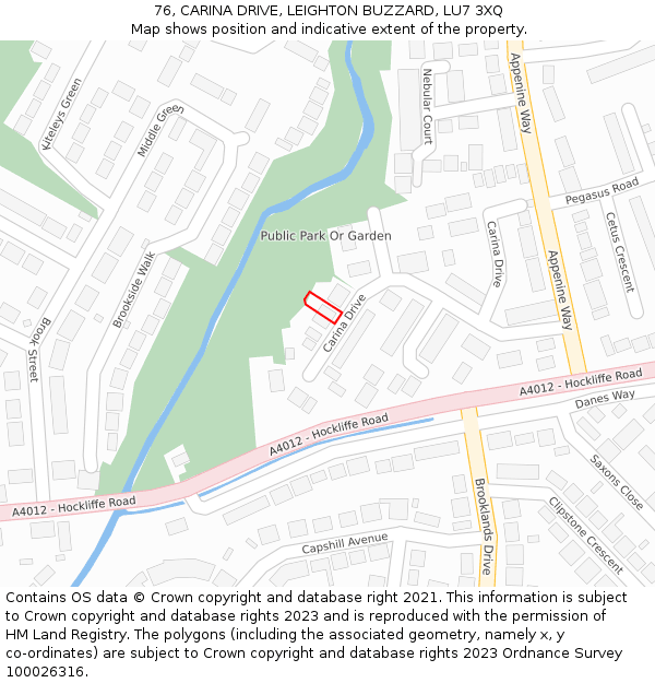 76, CARINA DRIVE, LEIGHTON BUZZARD, LU7 3XQ: Location map and indicative extent of plot
