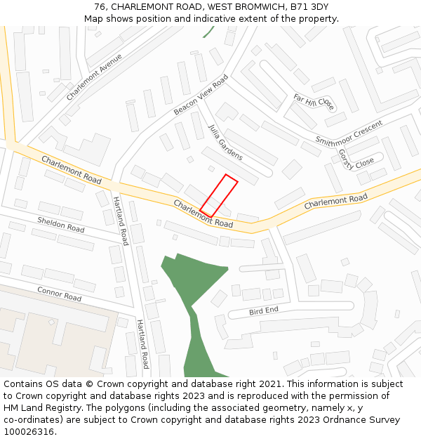 76, CHARLEMONT ROAD, WEST BROMWICH, B71 3DY: Location map and indicative extent of plot