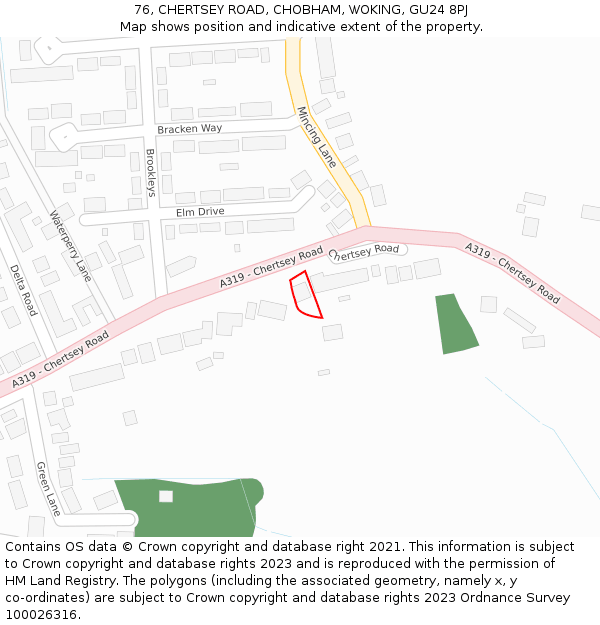 76, CHERTSEY ROAD, CHOBHAM, WOKING, GU24 8PJ: Location map and indicative extent of plot
