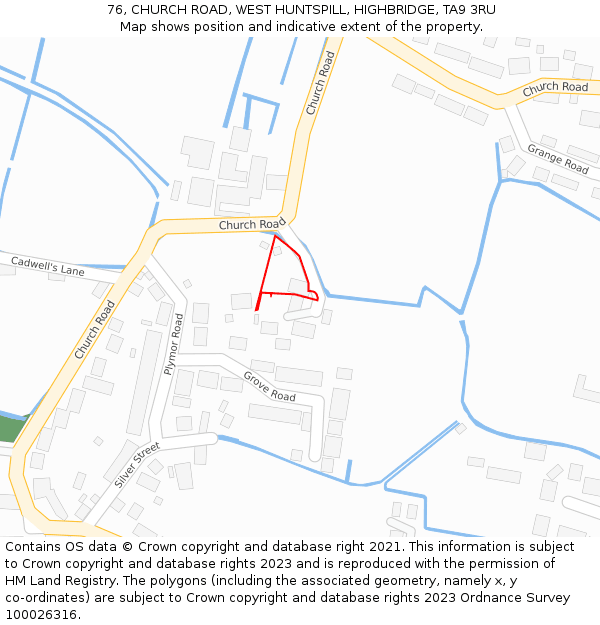 76, CHURCH ROAD, WEST HUNTSPILL, HIGHBRIDGE, TA9 3RU: Location map and indicative extent of plot