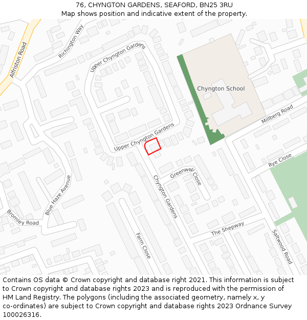 76, CHYNGTON GARDENS, SEAFORD, BN25 3RU: Location map and indicative extent of plot