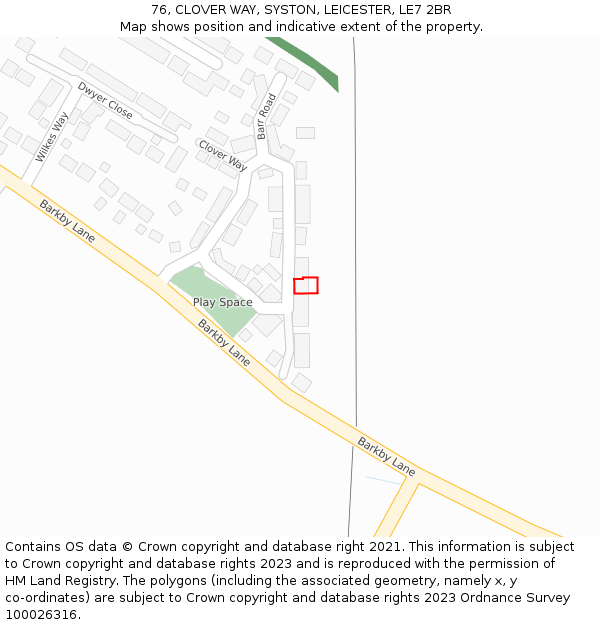 76, CLOVER WAY, SYSTON, LEICESTER, LE7 2BR: Location map and indicative extent of plot