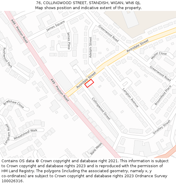 76, COLLINGWOOD STREET, STANDISH, WIGAN, WN6 0JL: Location map and indicative extent of plot