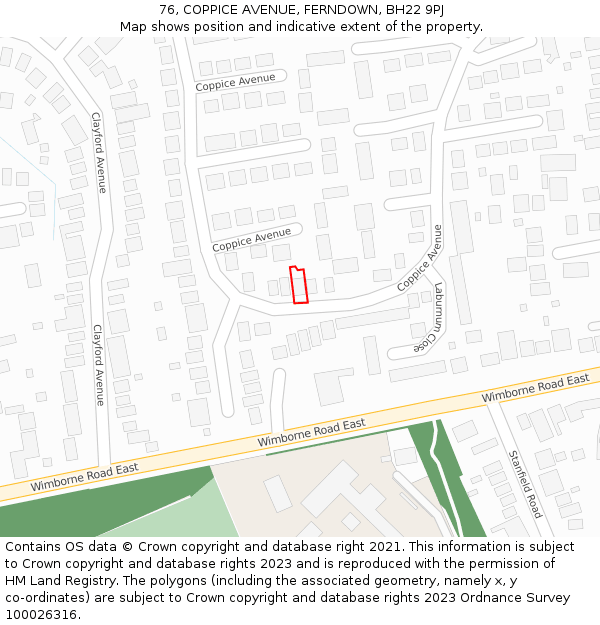 76, COPPICE AVENUE, FERNDOWN, BH22 9PJ: Location map and indicative extent of plot