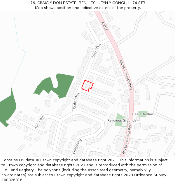 76, CRAIG Y DON ESTATE, BENLLECH, TYN-Y-GONGL, LL74 8TB: Location map and indicative extent of plot