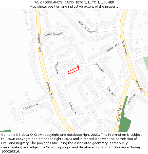 76, CROSSLANDS, CADDINGTON, LUTON, LU1 4ER: Location map and indicative extent of plot