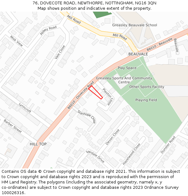 76, DOVECOTE ROAD, NEWTHORPE, NOTTINGHAM, NG16 3QN: Location map and indicative extent of plot