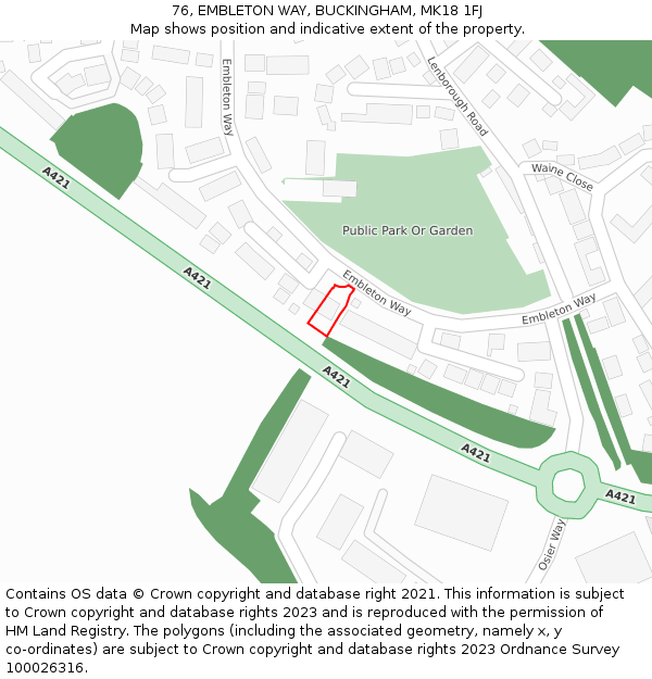 76, EMBLETON WAY, BUCKINGHAM, MK18 1FJ: Location map and indicative extent of plot