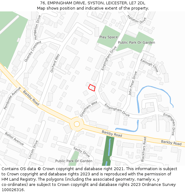76, EMPINGHAM DRIVE, SYSTON, LEICESTER, LE7 2DL: Location map and indicative extent of plot