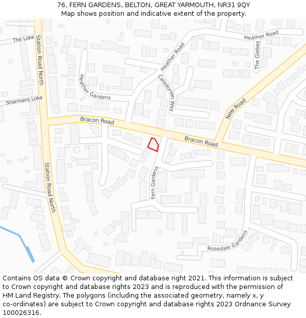 76, FERN GARDENS, BELTON, GREAT YARMOUTH, NR31 9QY: Location map and indicative extent of plot