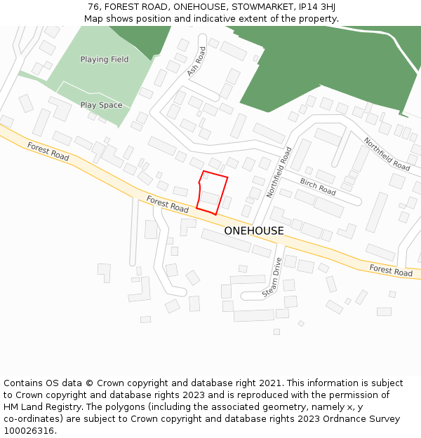 76, FOREST ROAD, ONEHOUSE, STOWMARKET, IP14 3HJ: Location map and indicative extent of plot