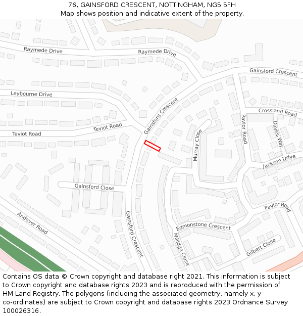 76, GAINSFORD CRESCENT, NOTTINGHAM, NG5 5FH: Location map and indicative extent of plot