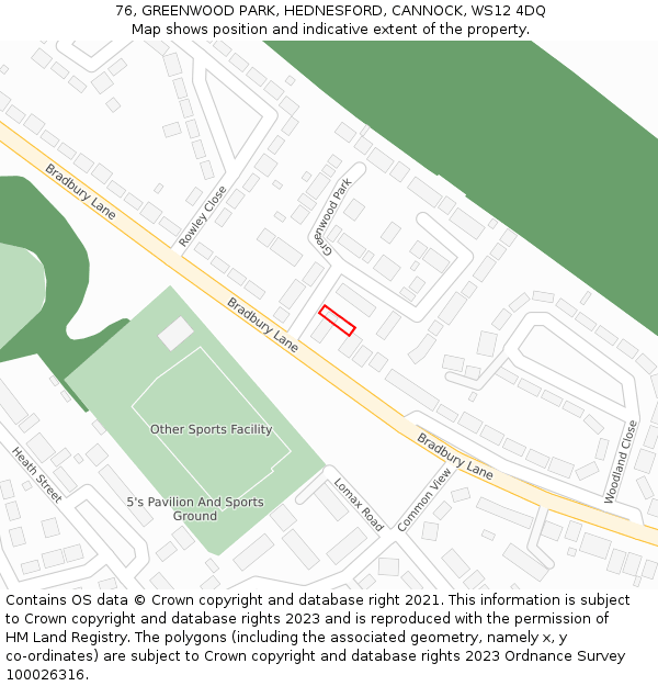 76, GREENWOOD PARK, HEDNESFORD, CANNOCK, WS12 4DQ: Location map and indicative extent of plot