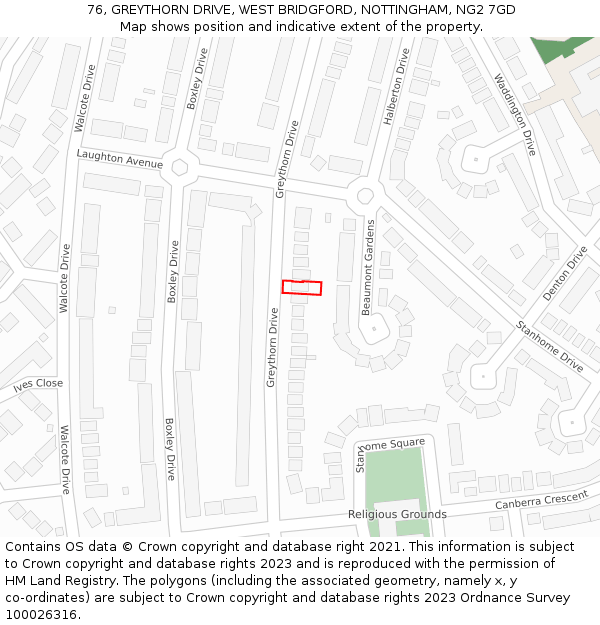 76, GREYTHORN DRIVE, WEST BRIDGFORD, NOTTINGHAM, NG2 7GD: Location map and indicative extent of plot