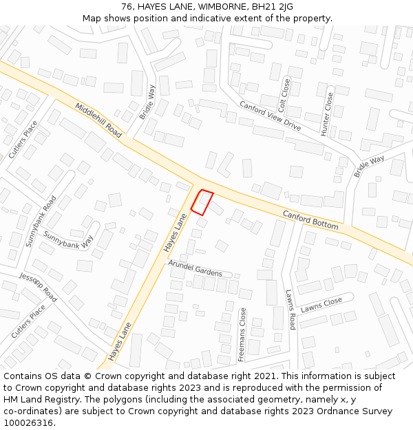 76, HAYES LANE, WIMBORNE, BH21 2JG: Location map and indicative extent of plot