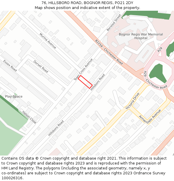 76, HILLSBORO ROAD, BOGNOR REGIS, PO21 2DY: Location map and indicative extent of plot