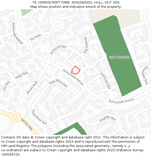 76, HORNSCROFT PARK, KINGSWOOD, HULL, HU7 3GS: Location map and indicative extent of plot