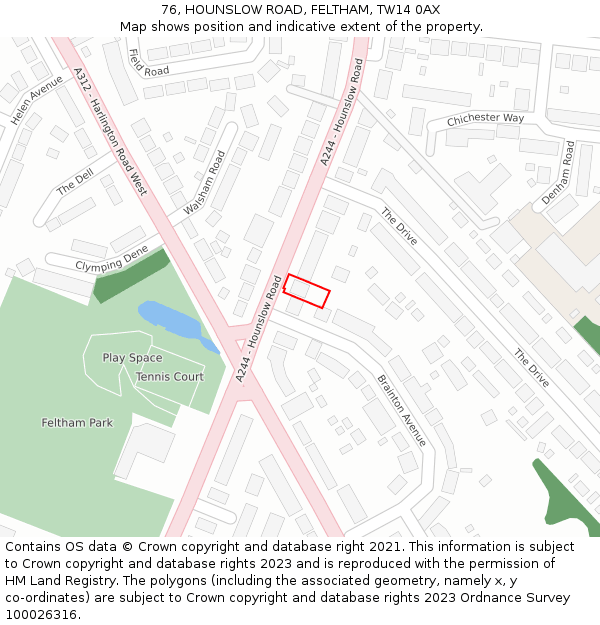 76, HOUNSLOW ROAD, FELTHAM, TW14 0AX: Location map and indicative extent of plot