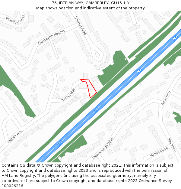 76, IBERIAN WAY, CAMBERLEY, GU15 1LY: Location map and indicative extent of plot